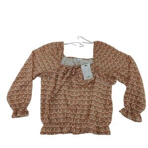 DR2 Boho Floral Square Neck Peasant Blouse Long Sleeve‎ Smocked Top Size M